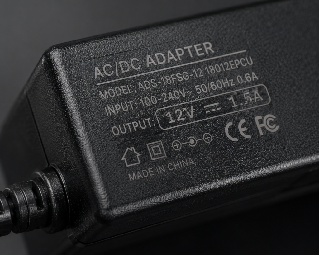 Macro shot of the electrical input and output specifications printed on a Yamaha keyboard power adapter brick.
