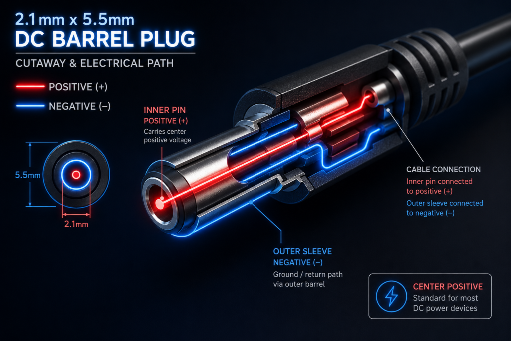 3D cutaway diagram of a 2.1mm by 5.5mm center-positive barrel connector showing electrical flow.