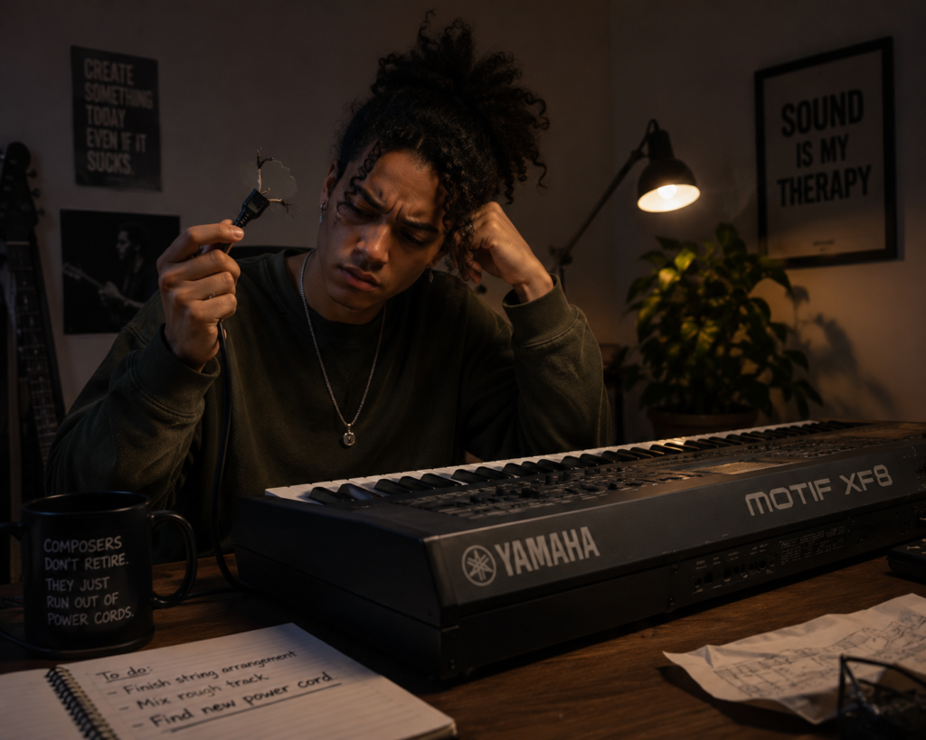 Musician holding a broken Yamaha keyboard power adapter cord next to a powered-off digital keyboard.