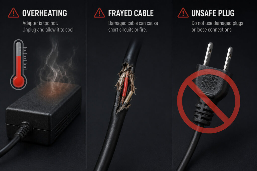 Illustration showing common power adapter hazards including overheating and frayed wires.