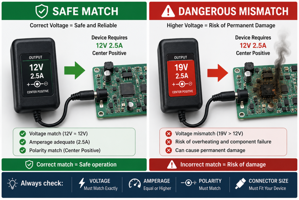 Diagram showing correct voltage matching for the right power adapter to prevent electronic damage.