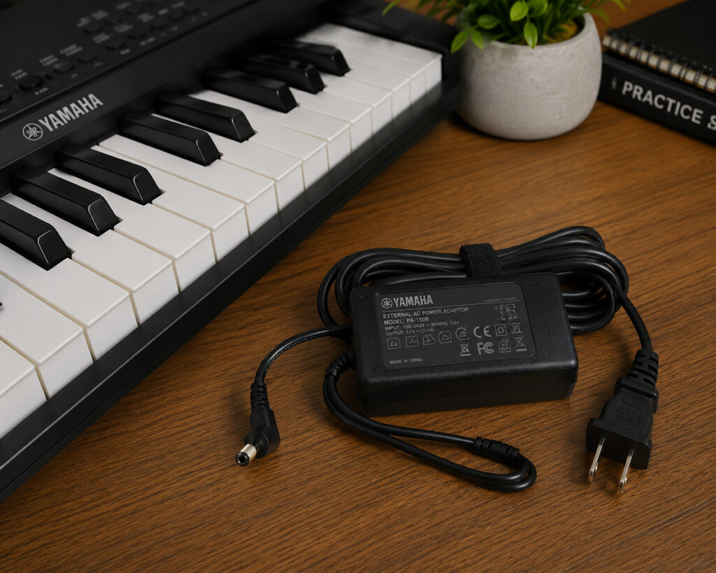A neatly coiled, new replacement power adapter sitting next to a Yamaha keyboard on a desk.