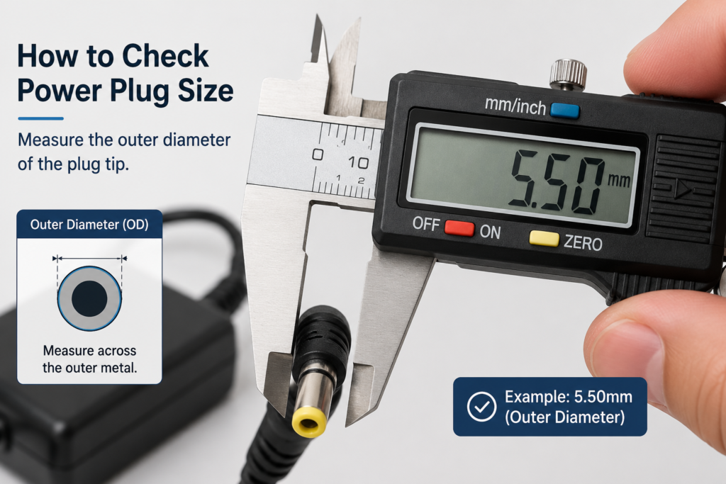 Using digital calipers to measure the exact barrel tip size of a perfect power adapter.