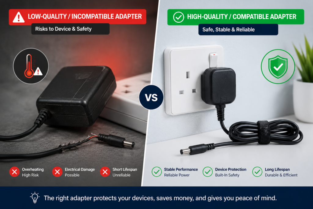 A comparison illustrating why learning power adapter basics is essential for preventing equipment damage and ensuring long-term stable performance.