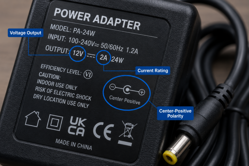 Close-up of a specification label illustrating power adapter basics including voltage, current ratings, and polarity symbols.