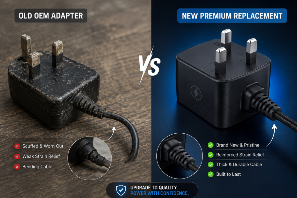 Side-by-side comparison of a worn-out power supply and a durable premium replacement adapter.
