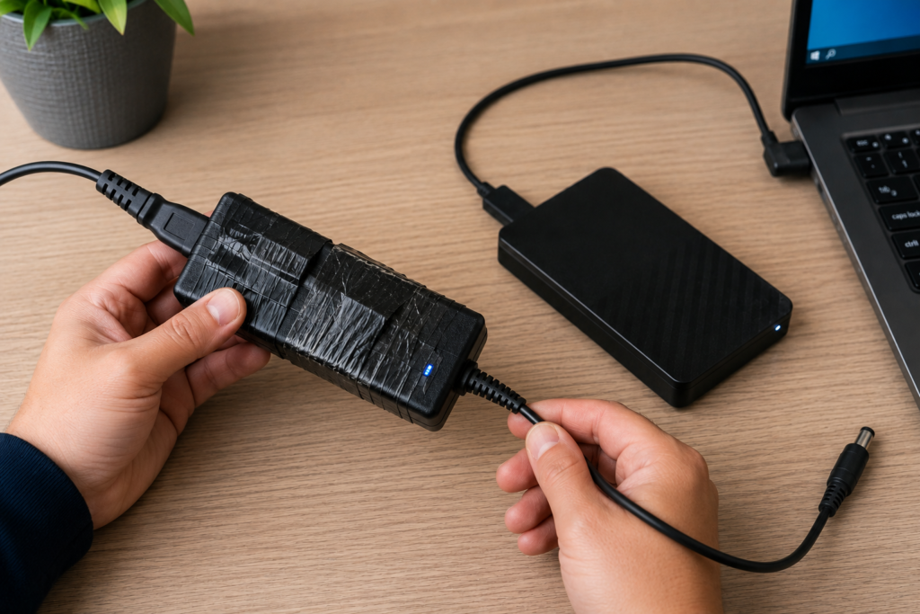 A taped and previously repaired charger block, which is a clear sign your power adapter needs replacing before it damages connected devices.