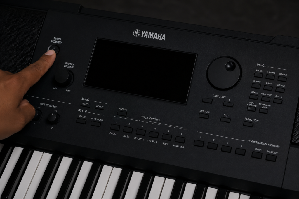 A person pressing the power button on a Yamaha digital keyboard that is not turning on.