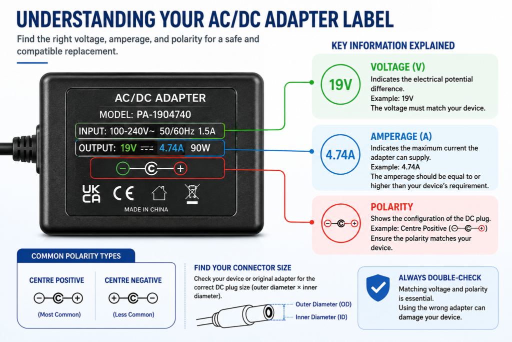 Infographic showing how to read technical specifications on chargers for gaming accessories.