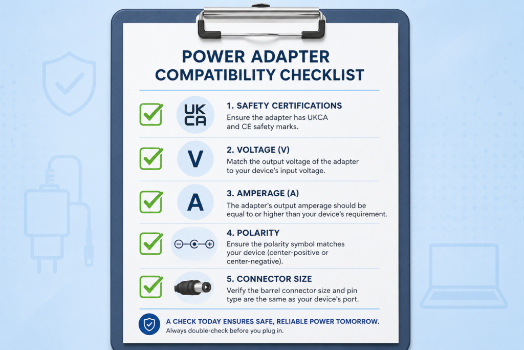 Five-point visual checklist summarizing the essential steps to guarantee safe charger compatibility.