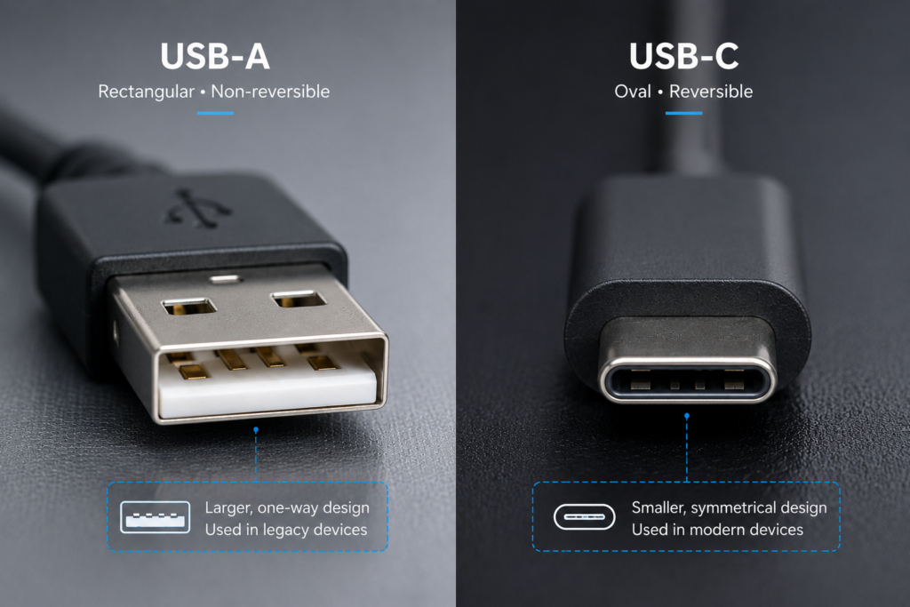 A close-up physical comparison showing the design evolution of USB-C vs USB-A chargers.