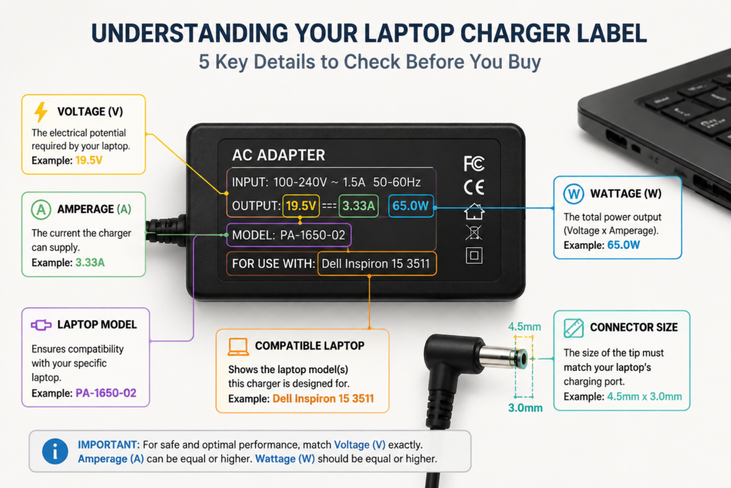 Diagram explaining how to identify the correct replacement laptop charger specifications.