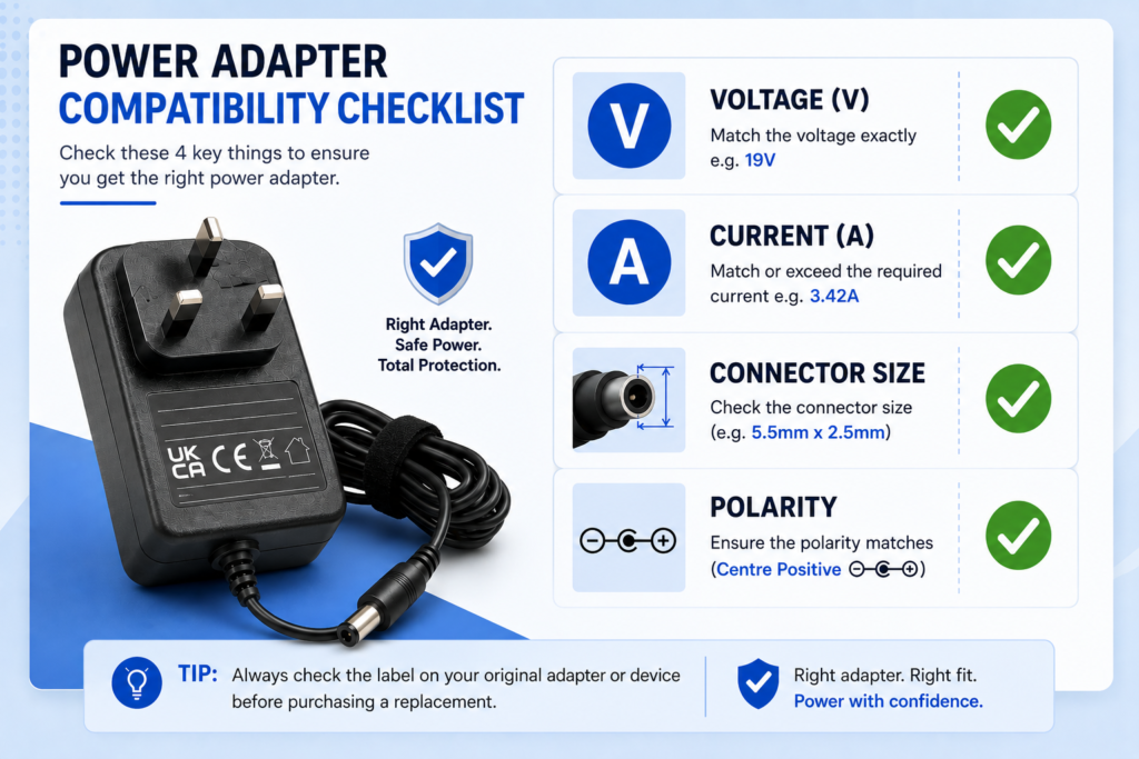 Replacement adapter checklist including voltage, current size, and positive vs negative polarity.
