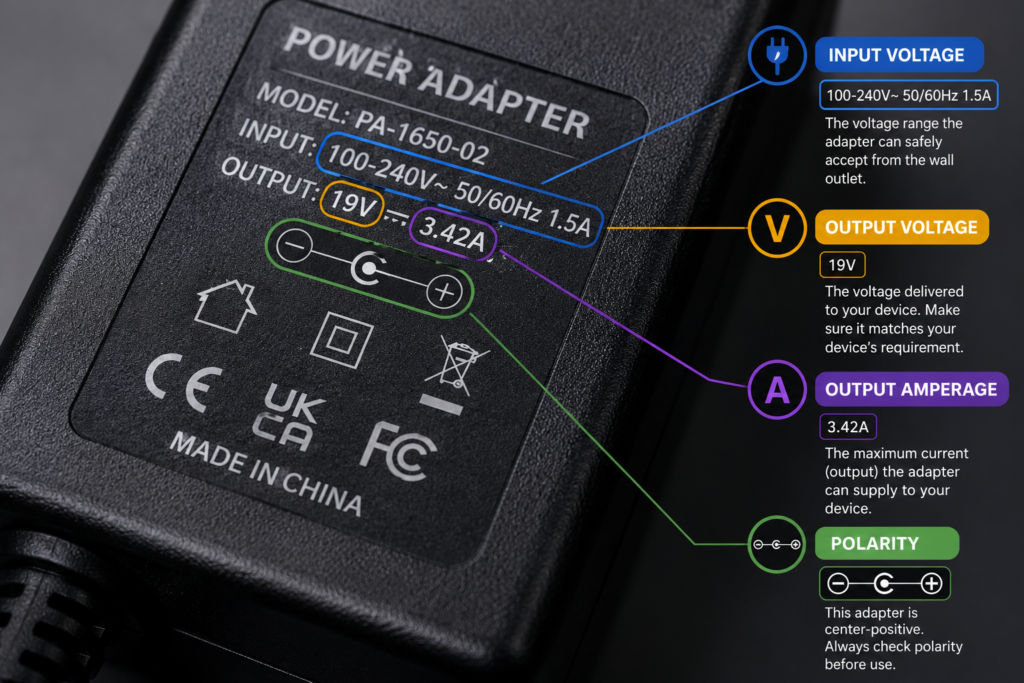 A guide on reading a power brick label to ensure you buy the correct replacement and avoid using a wrong voltage charger.
