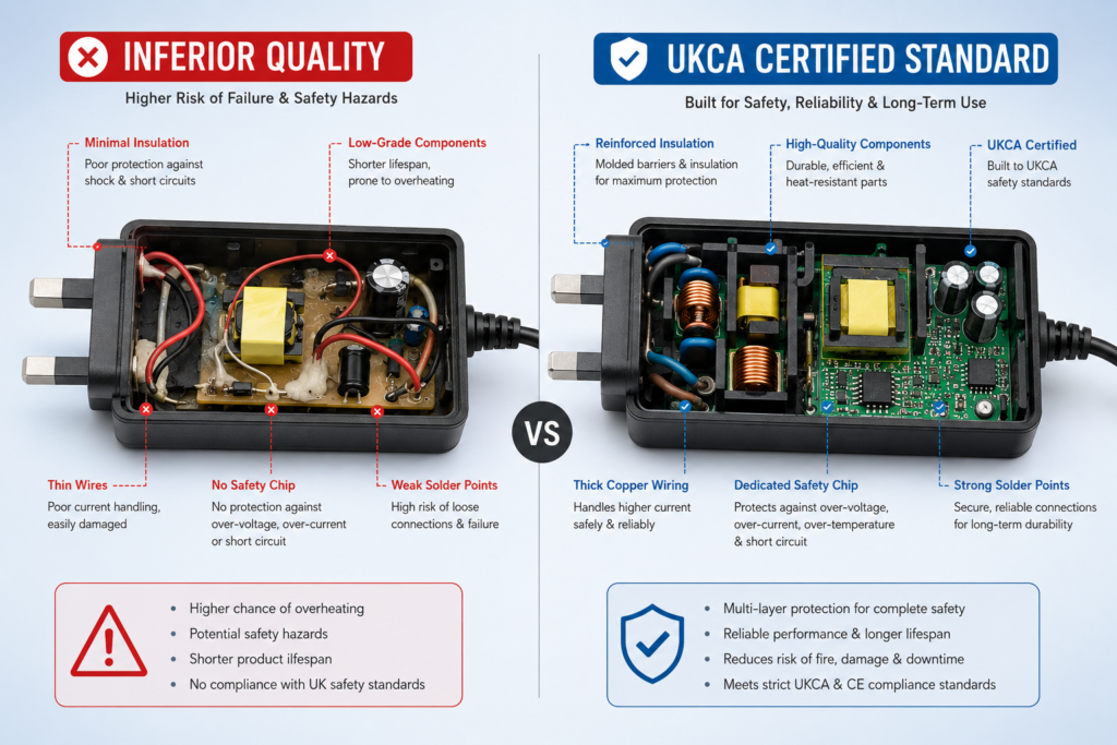 A technical comparison cutaway showing the safety features of certified vs uncertified interior components in USB-C vs USB-A chargers.