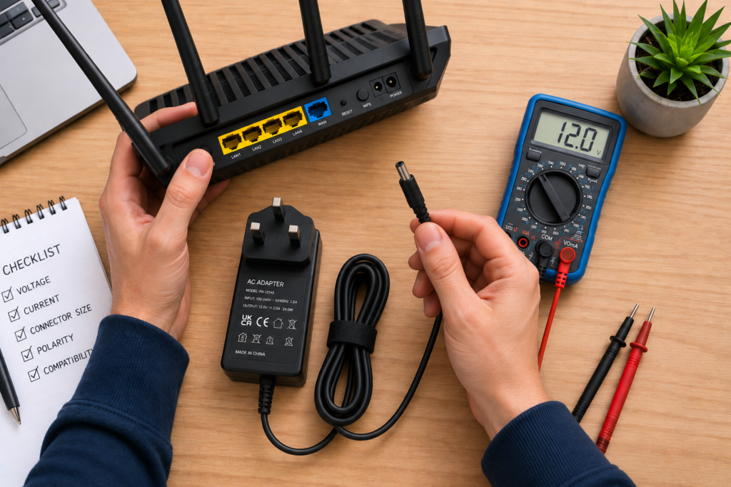 A person troubleshooting electronic devices by checking connections and verifying power adapter compatibility.