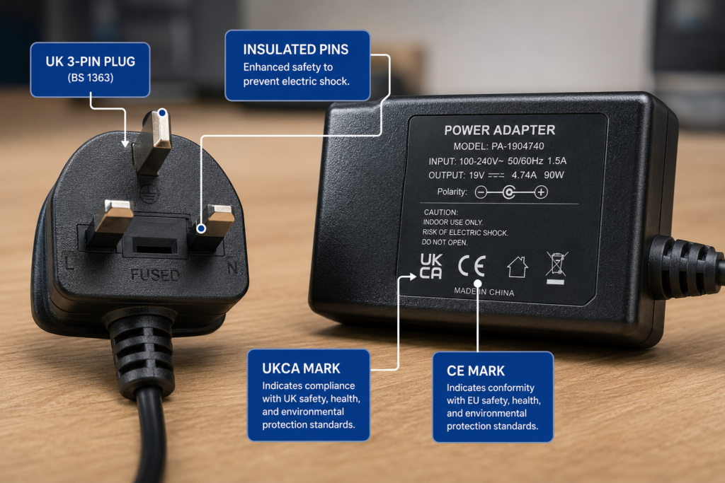 Close up of UKCA certified safety marks on chargers for gaming accessories.