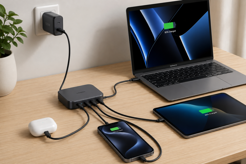 Universal USB C power adapter charging multiple compatible electronic devices simultaneously
