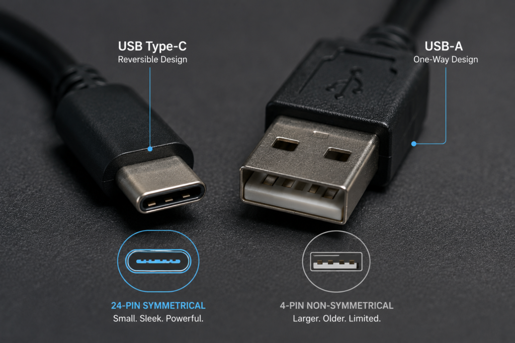 Close-up of a symmetrical Type C connector to support our USB-C chargers explained guide.