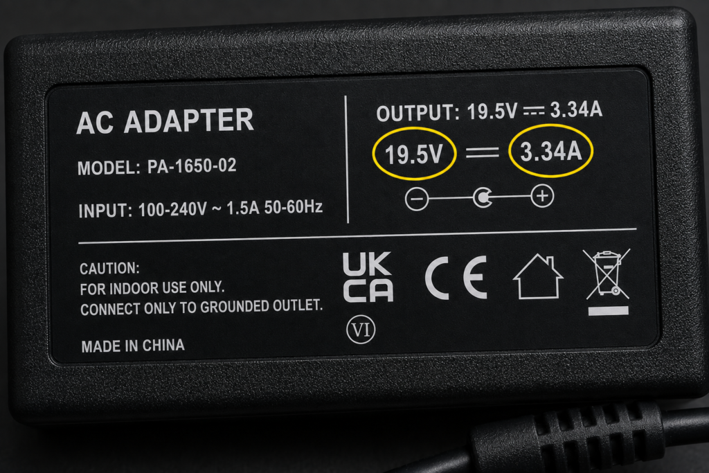 Close-up of electrical output specifications on a label to verify proper power adapter compatibility.