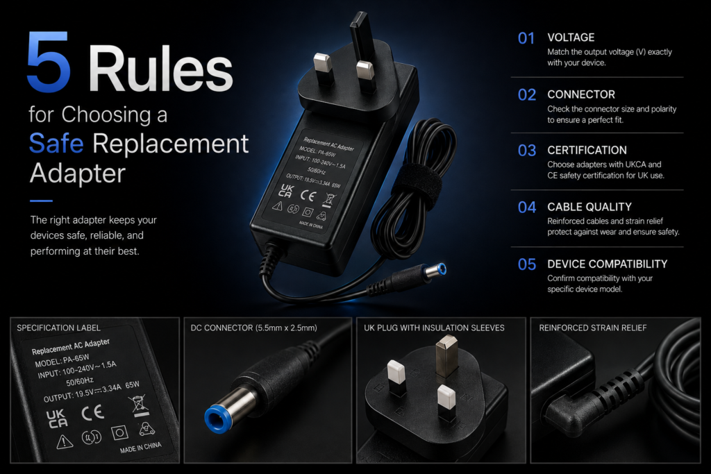 Checklist showing the five essential rules for choosing a safe replacement power adapter for small electronic devices, including voltage matching, safety certifications, connector compatibility, cord durability, and buying from trusted retailers.