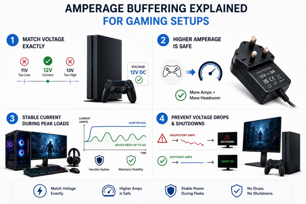 A high-quality replacement power adapter supplying stable current to a gaming console and gaming peripherals, demonstrating amperage buffering for reliable performance during high-intensity gameplay.