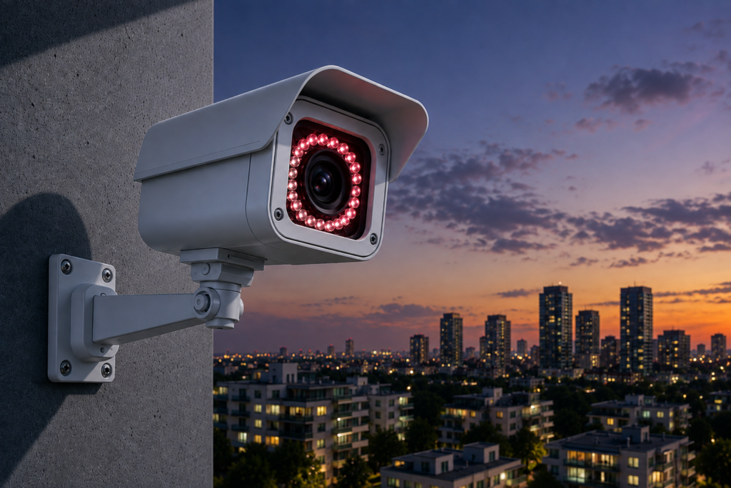 Illustration of a CCTV camera operating normally during the day and at night with infrared LEDs enabled, showing how a correctly rated replacement power supply maintains reliable performance after sunset.