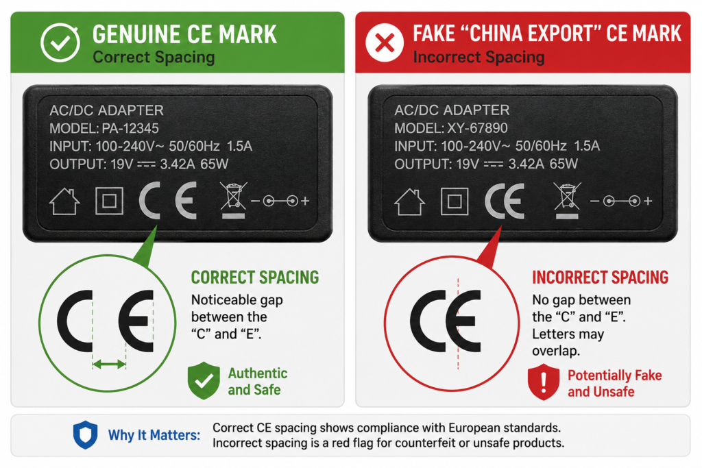 A graphic showing correct CE mark spacing to help verify if your replacement charger safe.