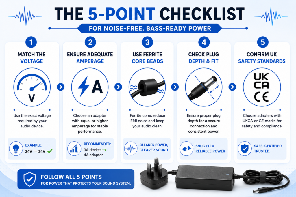 A five-step visual checklist detailing the essential rules for choosing buzz-free replacement chargers for speakers
