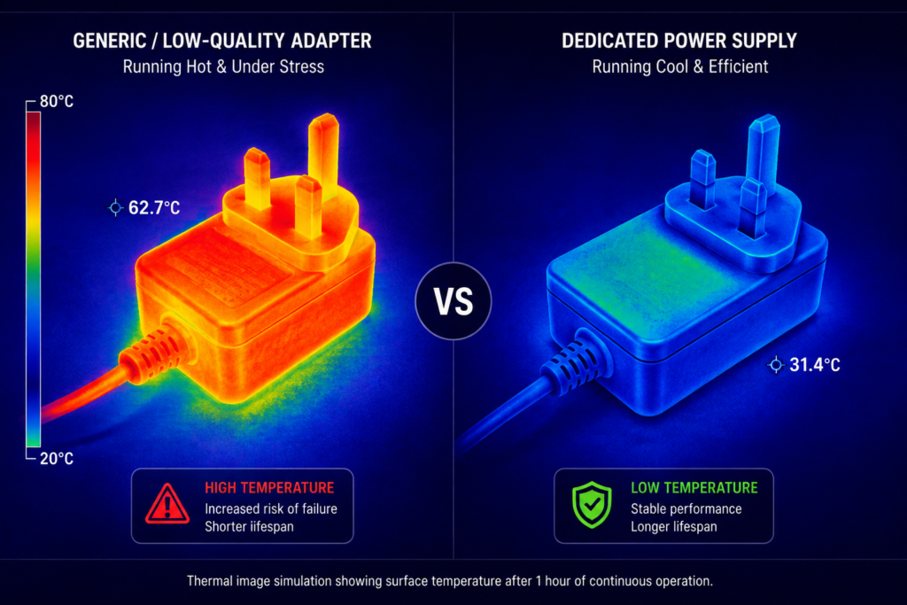 Thermal comparison showing cooler operating temperatures because the right adapter protects your device from thermal wear and stress.