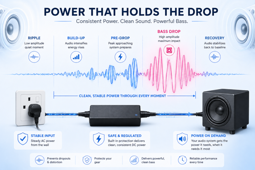 An infographic showing how high-amperage replacement chargers for speakers handle sudden dynamic bass peaks effortlessly.