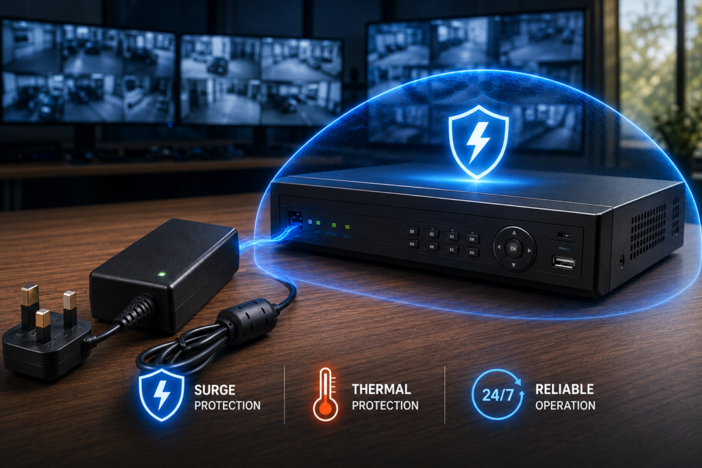 Heavy-duty power supply connected to a centralized DVR storage system, providing stable voltage protection and thermal safety for continuous video recording