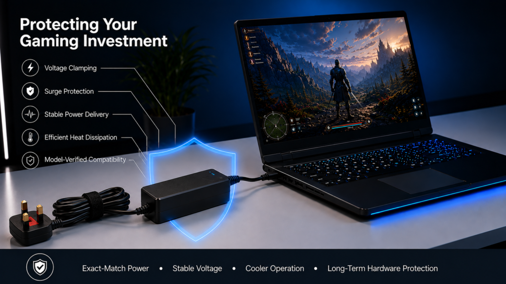 A premium replacement power adapter supplying stable power to a gaming console and high-performance laptop, illustrating voltage clamping, surge protection, and reliable operation during demanding gaming sessions.