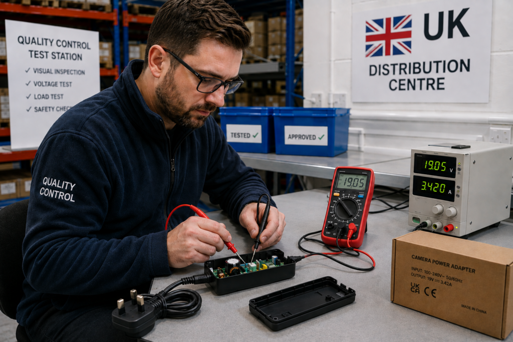 Strict quality control testing of verified replacement chargers for cameras at a UK distribution centre.