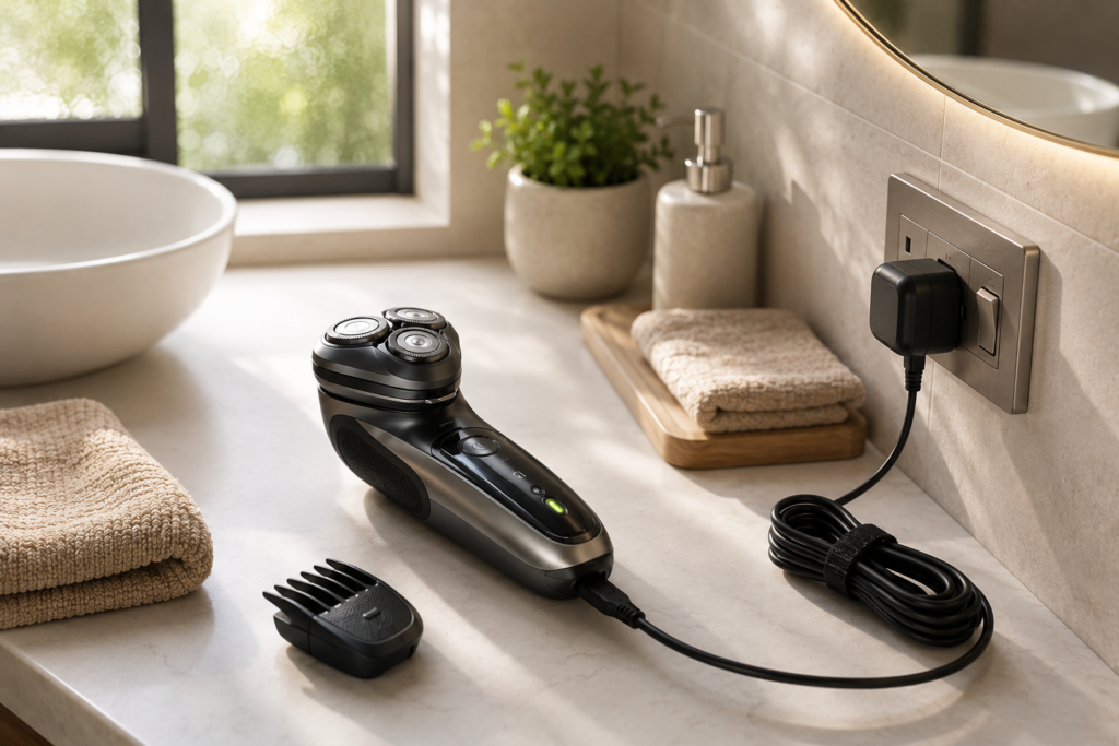A premium replacement power adapter connected to a personal care device such as an electric shaver, epilator, or massage gun, illustrating stable power delivery for high-vibration and moisture-prone environments.