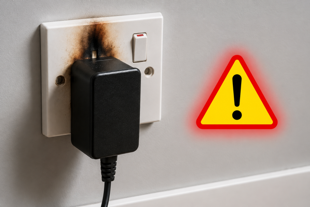 Burn marks on a wall socket indicating a dangerous power supply and why keeping your replacement charger safe is vital.