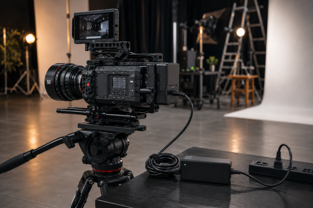 A professional studio setup demonstrating continuous power solutions and reliable replacement chargers for cameras.