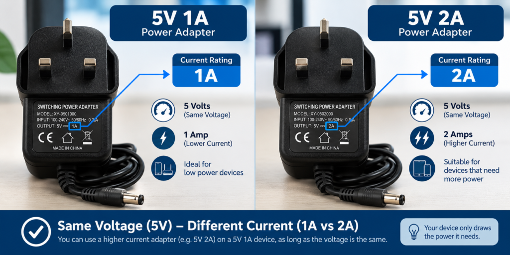 Comparison of amp ratings on a 12V router power adapter to demonstrate current capacity differences.