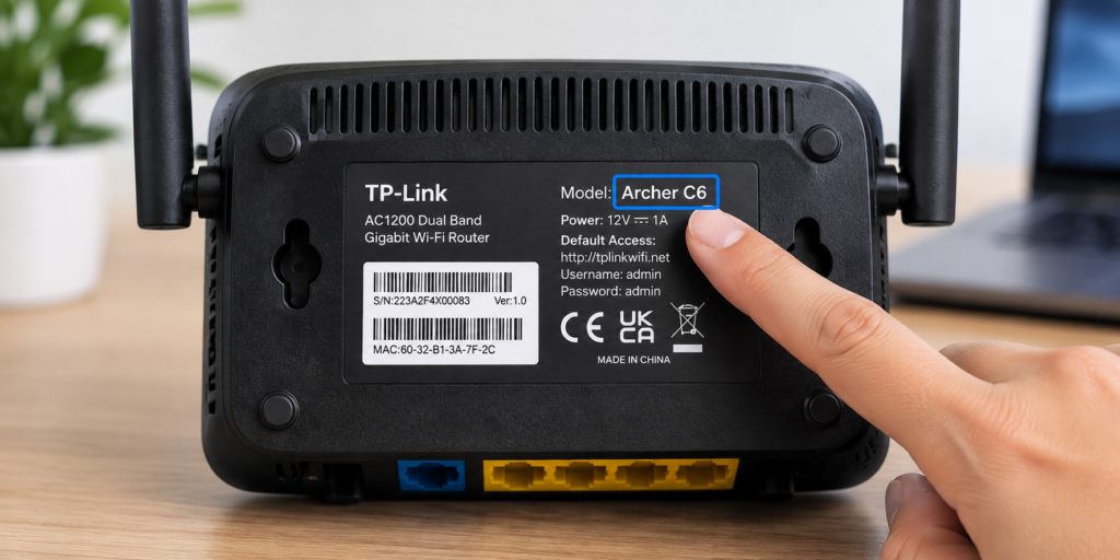 Checking the router model number to find a compatible 12V router power adapter replacement.