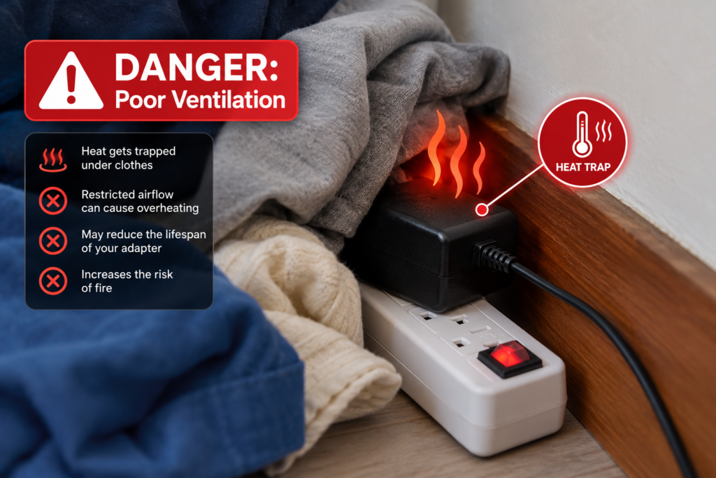 A safety warning photograph demonstrating how a 5V power adapter get hot when covered by clothing or placed in an enclosed, poorly ventilated area.