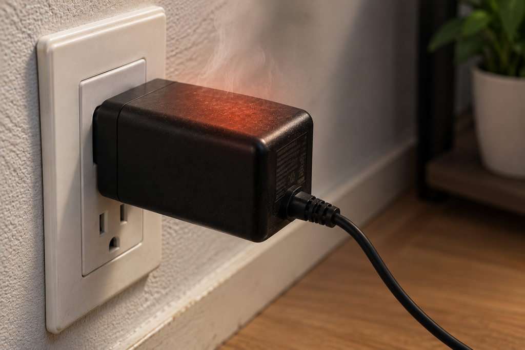 A black power adapter plugged into a wall outlet, showing heat rising from the charger to illustrate why power adapters become warm during use.