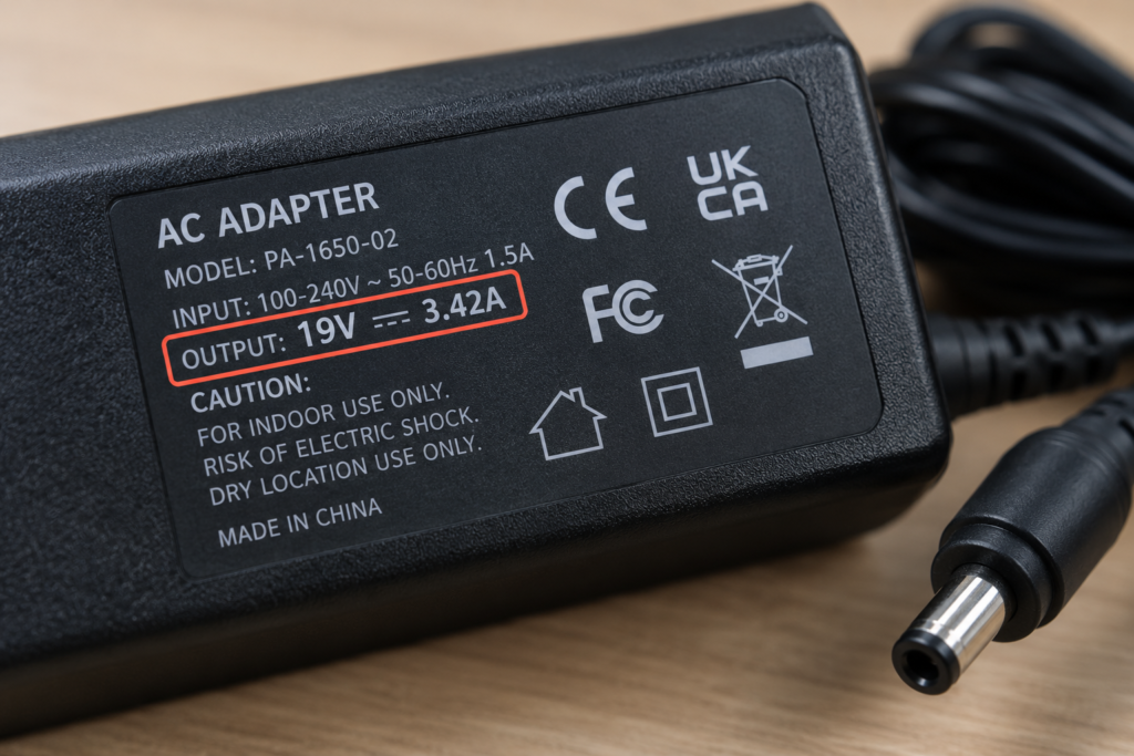 Close-up of a 19V laptop power adapter label showing a 3.42A current rating.