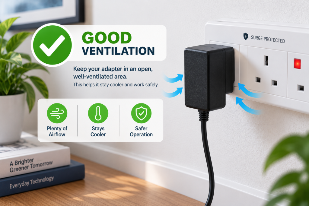 A best-practice photograph demonstrating how to reduce 5V power adapter heat by ensuring proper ventilation and adequate space around the unit.
