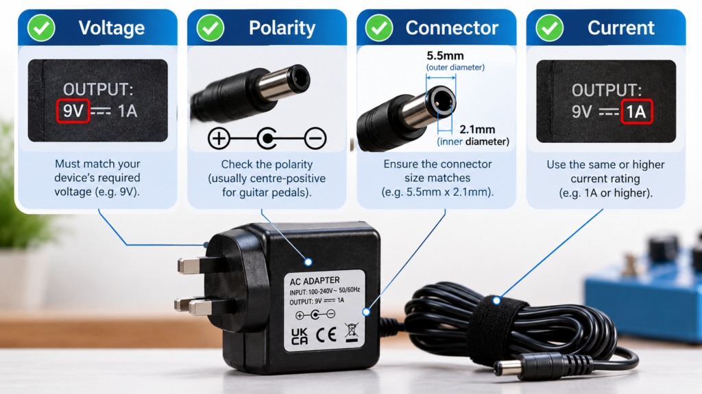 Four-point compatibility checklist for a 9v centre-negative guitar pedal power adapter.