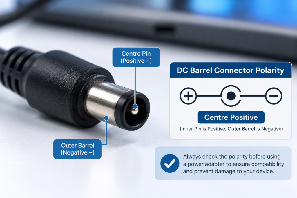 DC barrel connector and polarity diagram for a replacement power adapter for cctv.