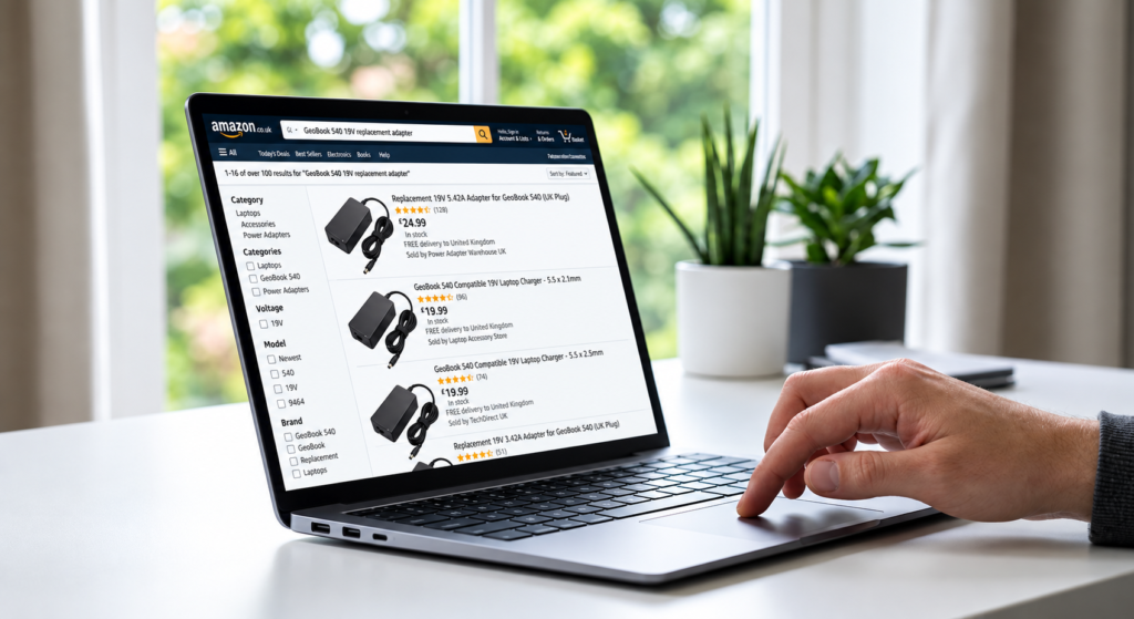 A user on a laptop scrolling through a filtered search to confirm compatibility for a 19V replacement adapter for their specific model.