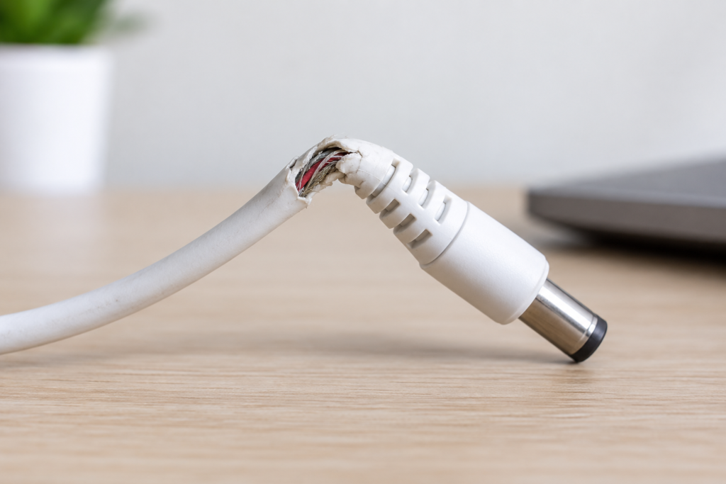 Frayed and damaged power cable showing early signs of a charger not working.