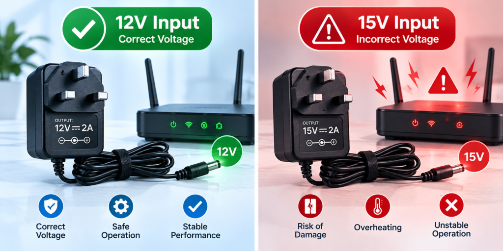 Voltage matching importance when choosing a higher-amp 12V adapter with a router.