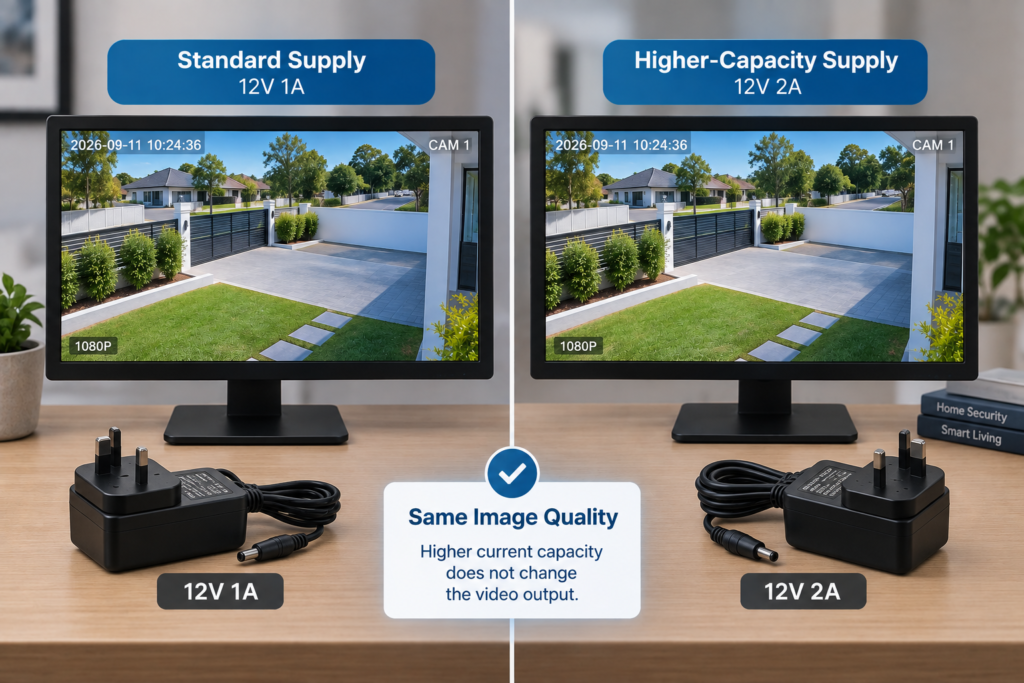 Monitor feeds showing identical image quality when using a standard or higher-amp 12V CCTV power adapter.