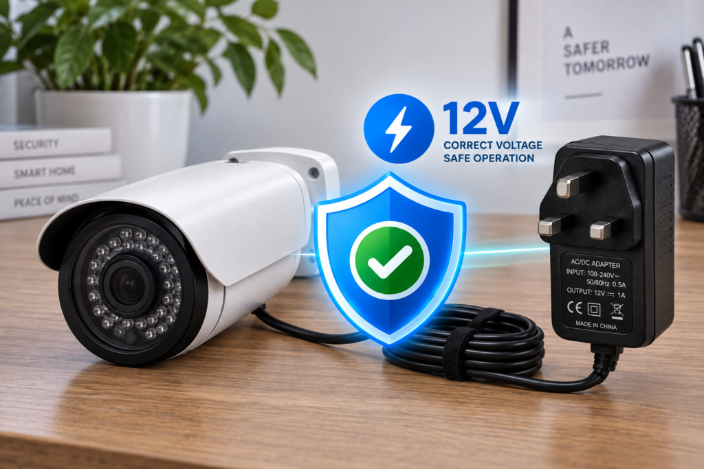 Safety icon confirming no damage occurs when correctly using a higher-amp 12V CCTV power adapter.